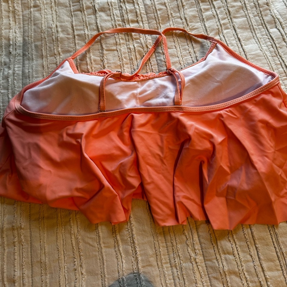 Coral Ruffle Bikini Top with Black & White Striped High Waist Bottoms - Picture 6 of 6